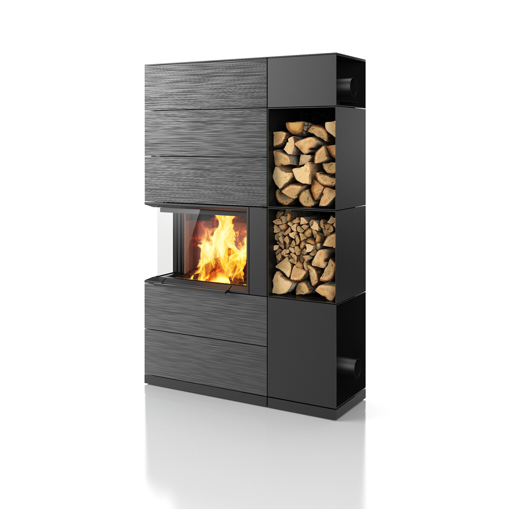 PADUA 185, Woodbox Pro à droite, raccordement latéral au conduit de fumée et à l'arrivée d'air